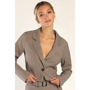 Lulus Shine To Five Beige And Brown Rhinestone Houndstooth Blazer - Size S